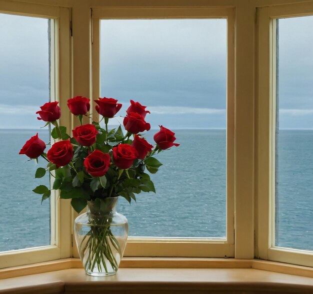 Rote Rosen in einer Fenstervase von Neufundland