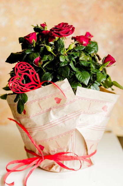 rote Rosen in Kraftpapier. Geschenk zum Geburtstag oder Valentinstag. Blumen in einem Topf mit Herz verziert. Blumengeschenk für eine Hochzeit.