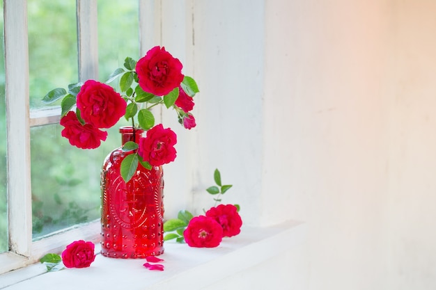 Rote Rosen in roter Glasvase auf Fensterbank