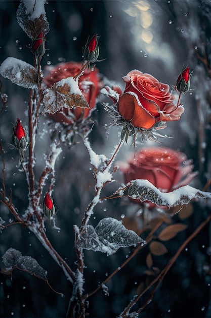 Rote Rosen mit Frost und Schnee drapiert Valentinstag Hintergrund Erstellt mit generativer KI-Technologie