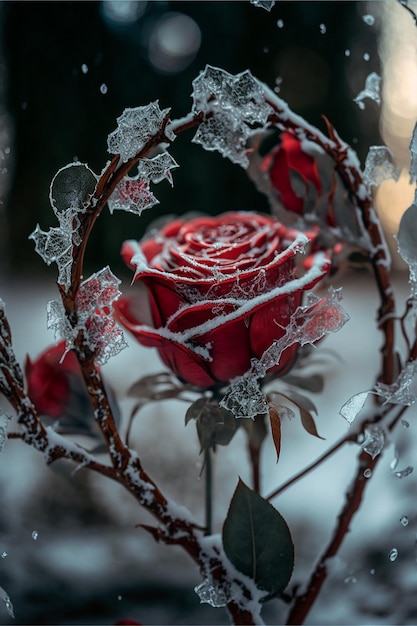 Rote Rosen mit Frost und Schnee drapiert Valentinstag Hintergrund Erstellt mit generativer KI-Technologie