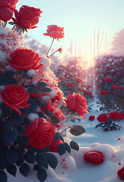 Rote Rosen mit Frostschnee drapiert Valentine39s-Tageshintergrund Erstellt mit generativer KI-Technologie