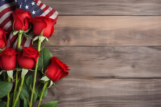 Rote Rosen über der USA-Flagge, Draufsicht flach liegend mit Kopierraum Generative KI