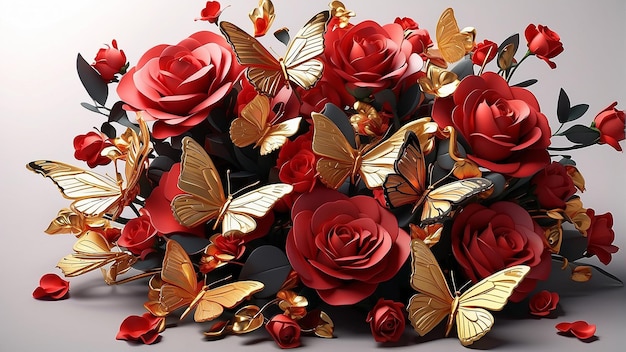Rote Rosen und goldene Schmetterlinge auf einem dunkelblauen Hintergrund