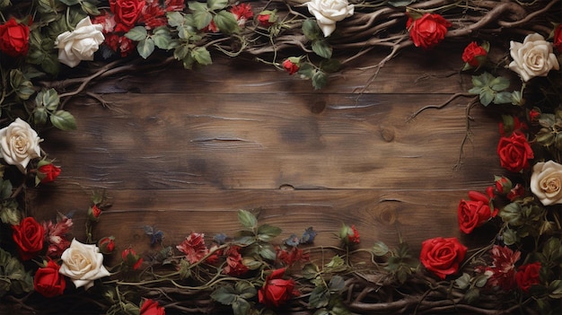 Rote Rosen und weiße Rosen auf einem Holzbrett
