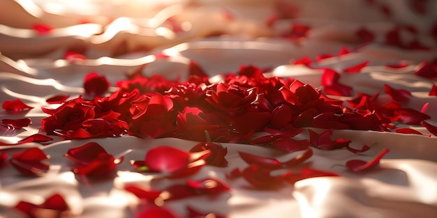 Rote Rosenblätter auf dem Bett im Schlafzimmer Valentinstag Konzept Ai Generated