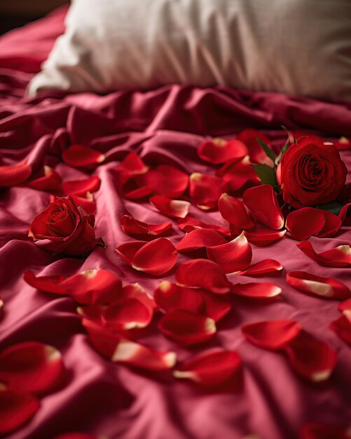 Rote Rosenblätter auf dem Bett Valentinstagskonzept