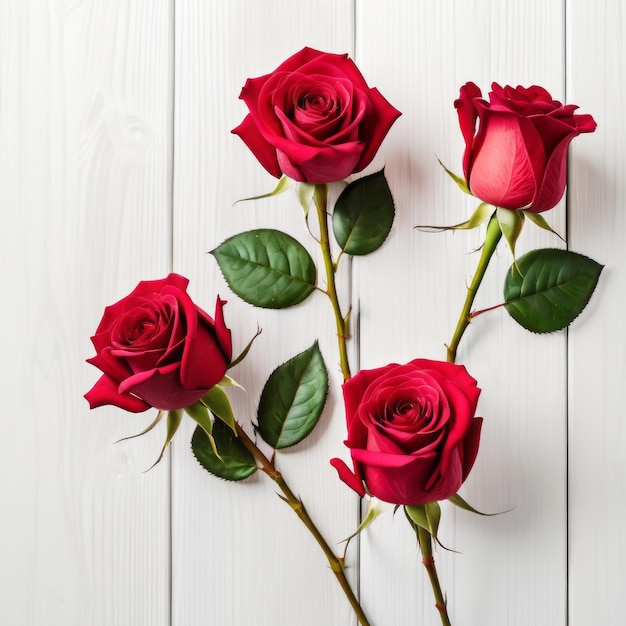 Rote Rosenblumen auf weißem Holzhintergrund Romantische Grußkarte für den Valentinstag