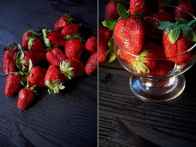 Rote saftige Erdbeere auf einem dunkelschwarzen Holzhintergrund Die Wassertropfen Saftigkeit Vitamine und gesunde Lebensmittel Collage