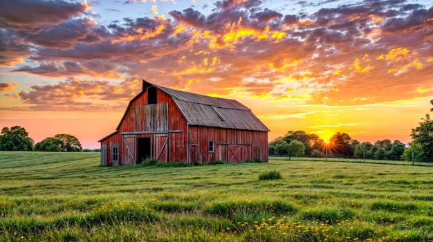 Rote Scheune auf einem üppig grünen Feld unter einem bewölkten Himmel