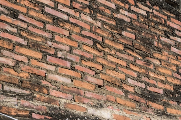 Rote Schmutzoberfläche der alten alten Backsteinmauer mit verwittertem Zementbeschaffenheitshintergrund.