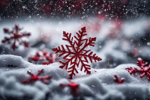 Rote Schneeflocke in einer verschneiten Umgebung, Weihnachtshintergrund, Weihnachtszeit
