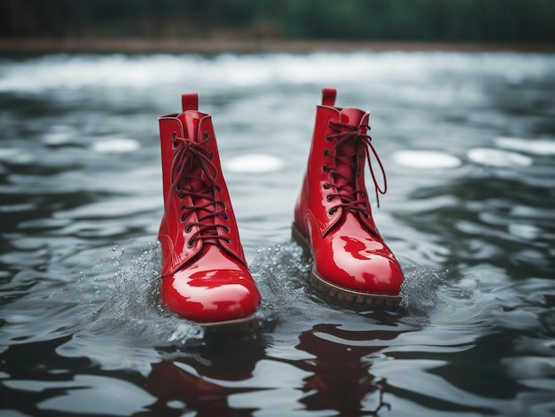 Rote Schuhe Rote Stiefel Offroad Schuhe bei schlechtem Wetter Selektiver Fokus KI generiert