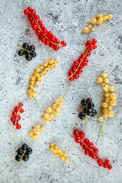 Rote schwarze und weiße Johannisbeerbeeren auf Betongrund