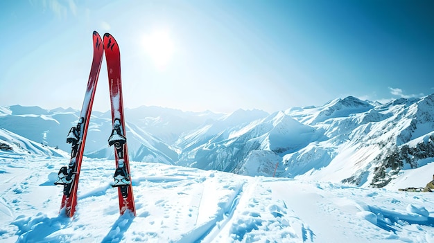 Rote Skier stehen aufrecht im frischen Schnee vor einem gebirgigen Hintergrund Wintersport und Ferien-Thema perfekt für Abenteuer- und Reiseinhalte KI