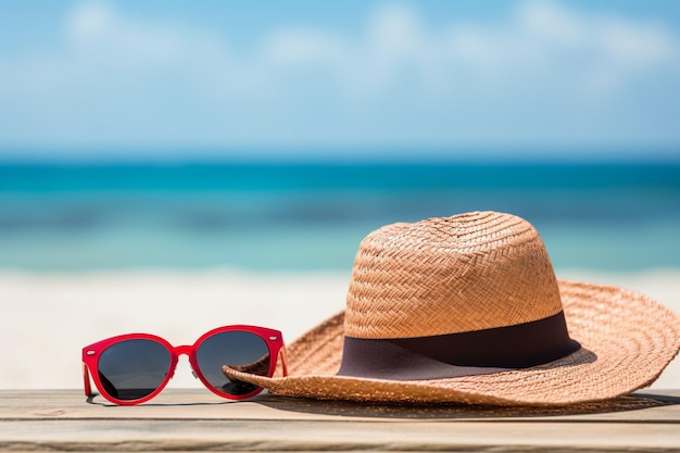 Rote Sonnenbrille und Stroh-Sommerhut liegen auf einer Holzoberfläche gegen den tropischen Strand