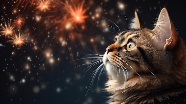 Foto rote tabby-katze beobachtet ein feuerwerk porträt