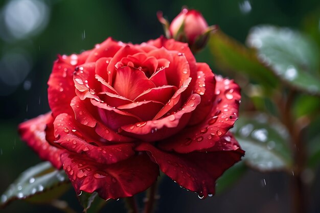 Rote Tee-Rosen in Regentropfen auf einem verschwommenen natürlichen Hintergrund