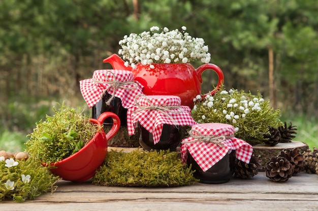 Rote Teekanne Teetasse und drei Gläser gesunde Marmelade Wald im Hintergrund