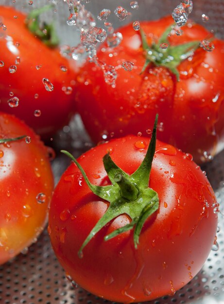 Rote Tomaten mit Spritzwasser