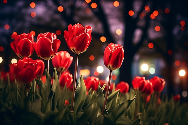 Rote Tulpen im Park in der Nacht selektiver Fokus