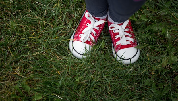 rote Turnschuhe auf grünem Gras, Draufsicht