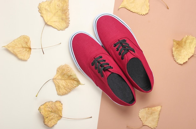 Rote Turnschuhe und gefallenes Herbstlaub. Herbstkollektion, modische Damenschuhe. Draufsicht