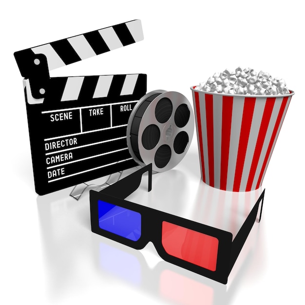 Rote und blaue Brillenklappe und Popcorn-Kino-Kinokonzept 3D-Illustration
