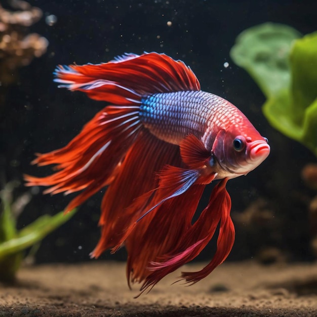 Rote und blaue Fische schwimmen im Aquarium