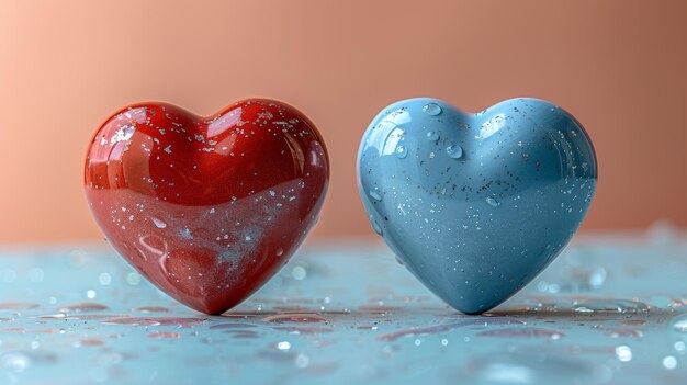 Rote und blaue Herzen auf pastellfarbenem Hintergrund Konzept des Kilometerzählers Liebe