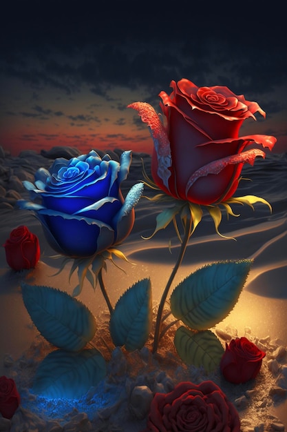 Rote und blaue Rose sitzen auf einem generativen Sandstrand am Strand
