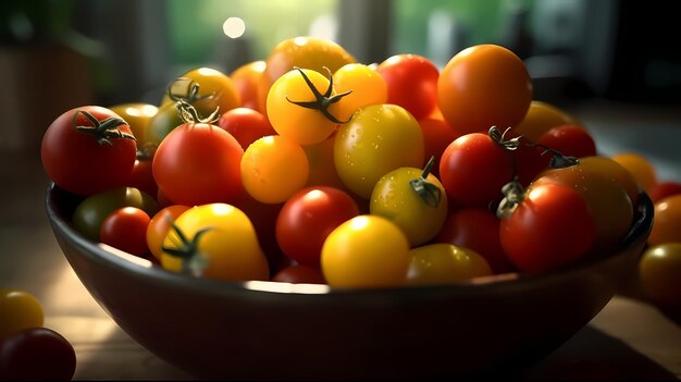 Rote und gelbe reife Tomaten liegen auf einem Haufen übereinander Generative KI