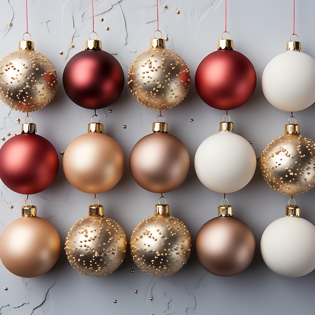 Rote und goldene Weihnachtskugeln auf weißem Hintergrund im Stil minimalistischer Elemente aus der Luft