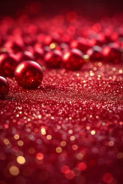 Rote und goldene Weihnachtsschmuckstücke auf rotem Glitzer-Hintergrund