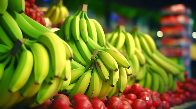 Rote und grüne Bananensträuße in einem Obstladen Ai Generative