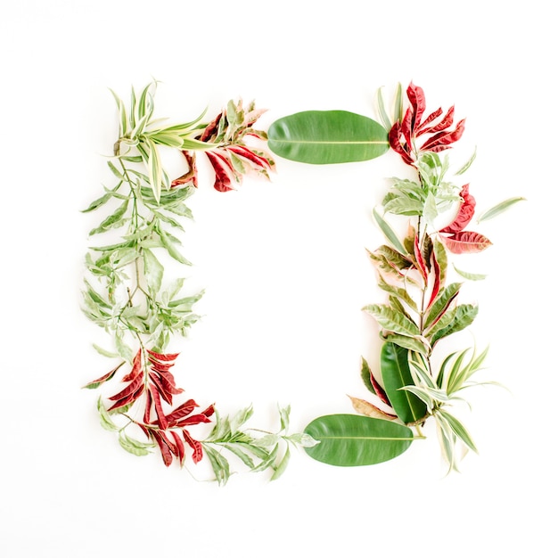 Rote und grüne Blütenblätter und Blattrahmen auf Weiß