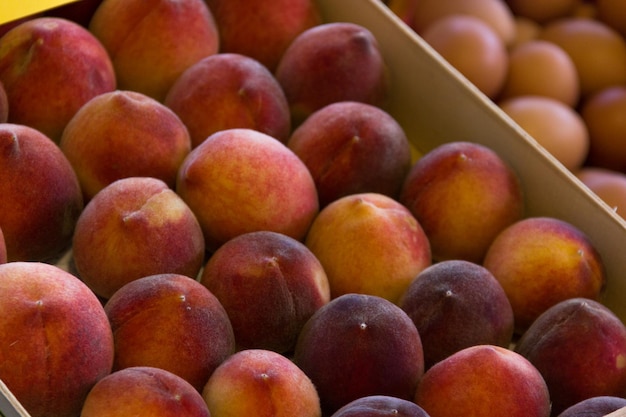 Rote und orangefarbene Pfirsichschachtel. Lebensmittelmarktstand. Lebensmittel, Obst, Supermarkt, Konzept für gesunde Ernährung