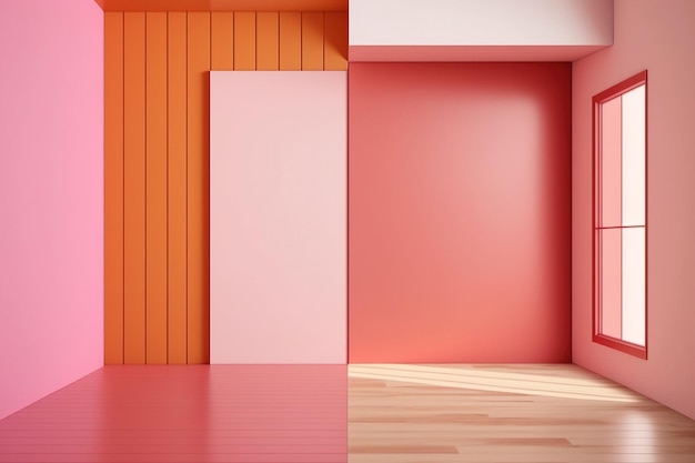 Rote und rosa Pastellwandpaneele und leerer Rauminnenraum mit Holzboden für Design und Dekoration