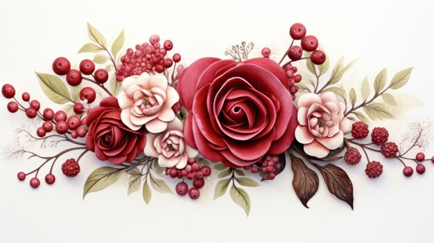 Rote und rosa Rosen mit grünen Blättern und roten Beeren