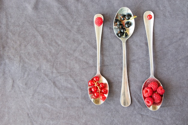 Rote und schwarze Johannisbeere und Loganbeeren auf dem Eisenlöffel auf grauem Hintergrund. Große Gruppe von bunten Beeren.