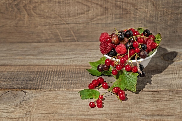 rote und schwarze Johannisbeeren auf einem hölzernen Hintergrund. Mischung aus Beeren