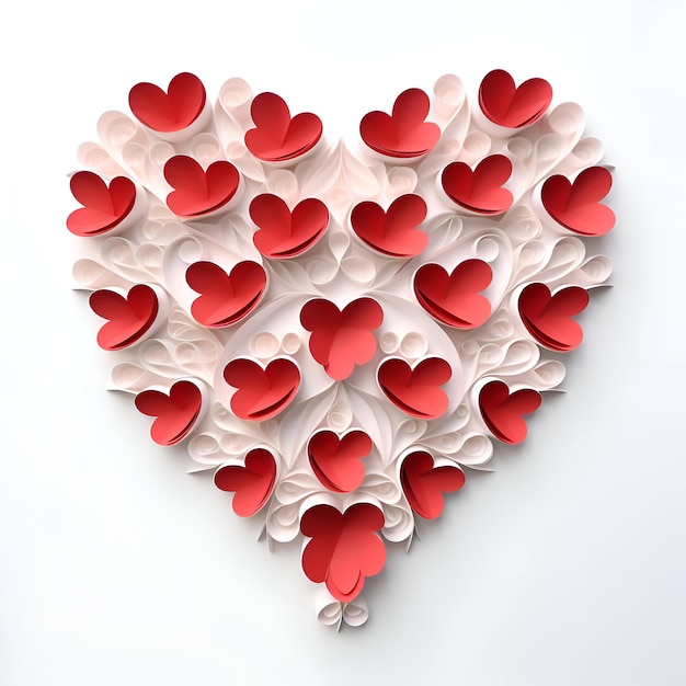 Rote und weiße Papierherzen in Form eines Herzens auf weißem Hintergrund