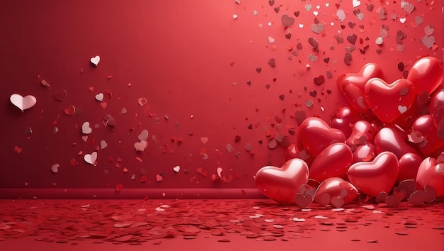 Rote Wand mit einem Stapel roter Luftballons in Form eines Herzens