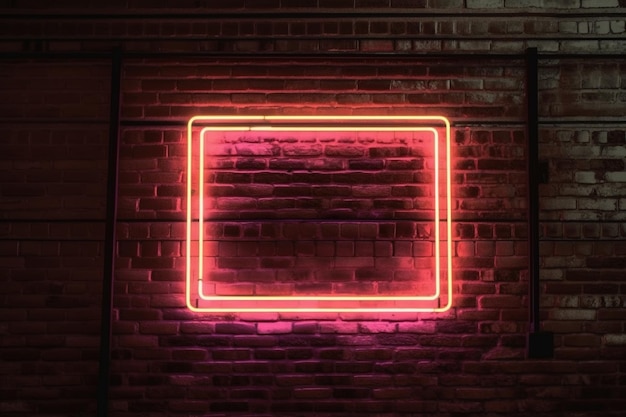 Rote Wand mit heller Backsteinmauer und quadratischem Neonschildrahmen, AI generiert