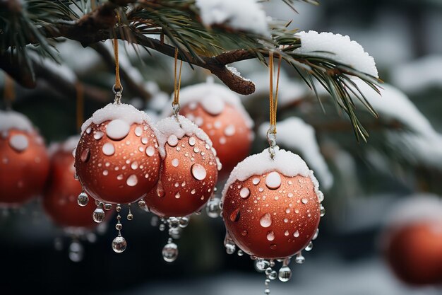 Rote Weihnachtsbälle auf Schnee