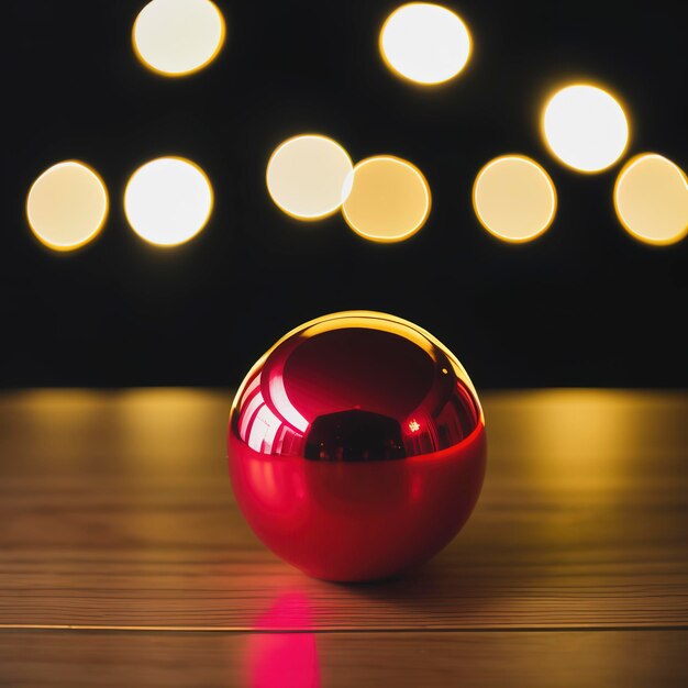 Foto rote weihnachtsglaskugeln auf einem holztisch vor dem hintergrund der lichter