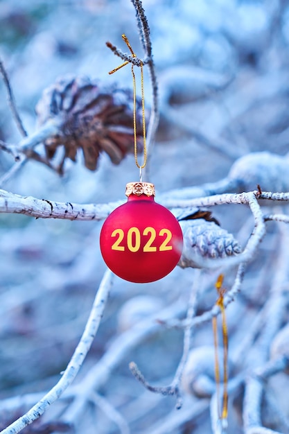 Rote Weihnachtskugel mit Inschrift 2022 hängt am Ast der Baumgrußkarte zur Feier des neuen Jahres 2022 im minimalen Stil