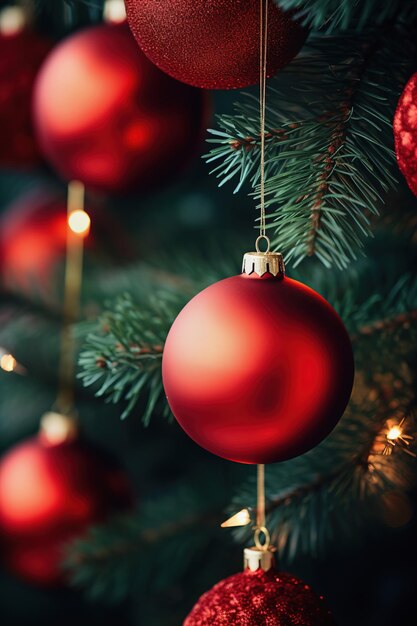 Rote Weihnachtskugeln auf Weihnachtsbaumzweigen in Nahaufnahme Abstrakter Feiertagshintergrund