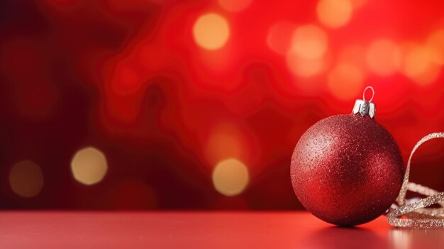 Rote Weihnachtskugeln Dekoration auf rotem verschwommenen Hintergrund Neujahrsgrußkarte KI generiert
