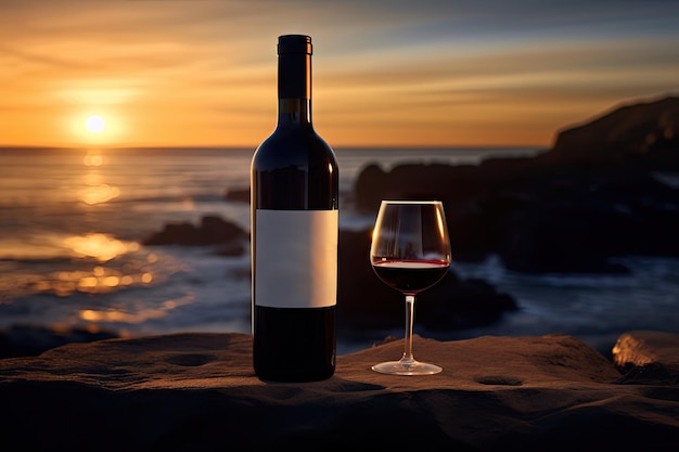 Rote Weinflasche am Ozeanstrand Weinflaske Mockup am Rocky Shore Dunkelblau Himmel Sonnenuntergang